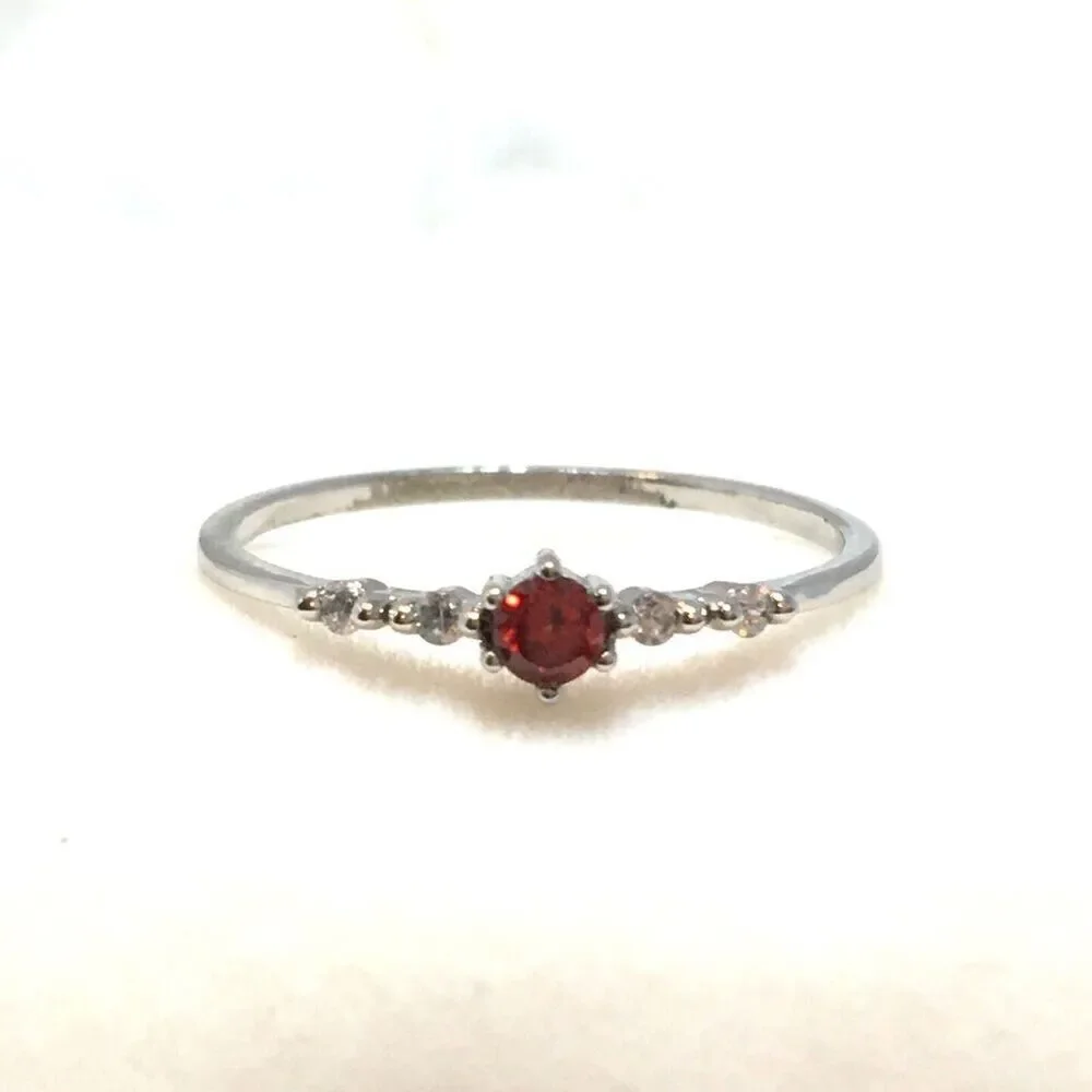 Sterling Silver Ring Size 7.75 925 Thin Band Red Cubic Zirconia CZ Dainty - Flaw
